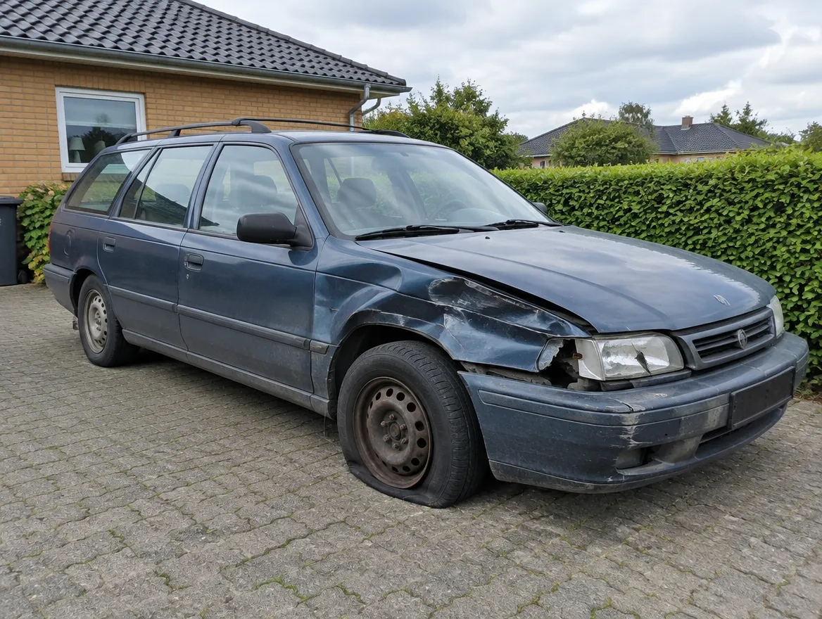Defekt bil med skade og punkteret dæk parkeret i en indkørsel